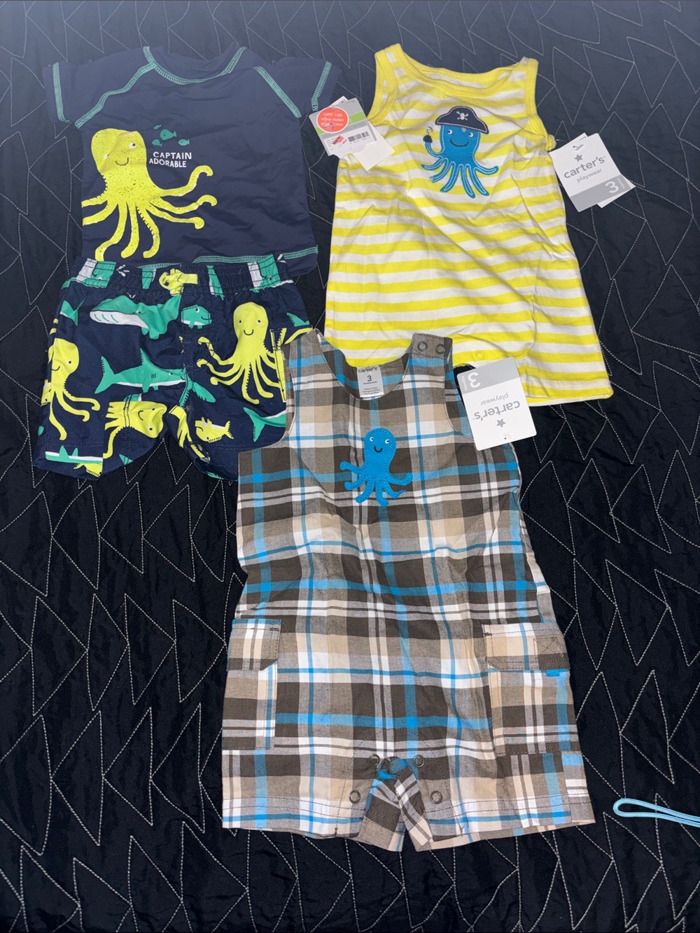 4 BWT pieces Carter's Boys Octopus Playwear Set – Yellow, Navy, Plaid swim suit